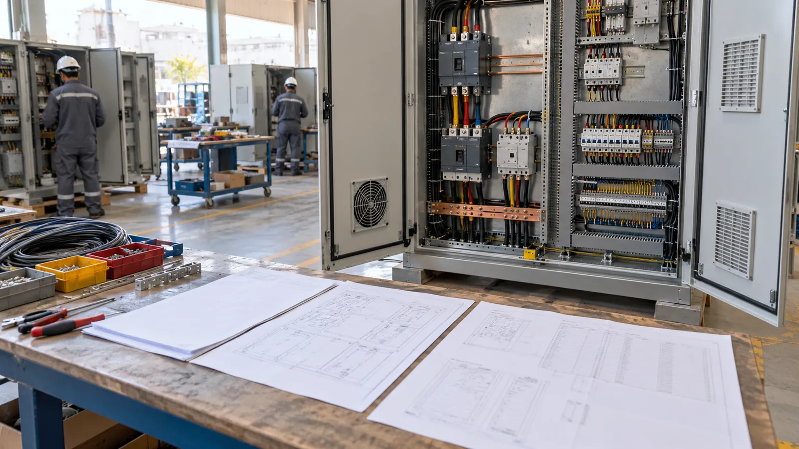 Printed schematics and bill of materials laid out for a build to print checklist review in a Dammam workshop