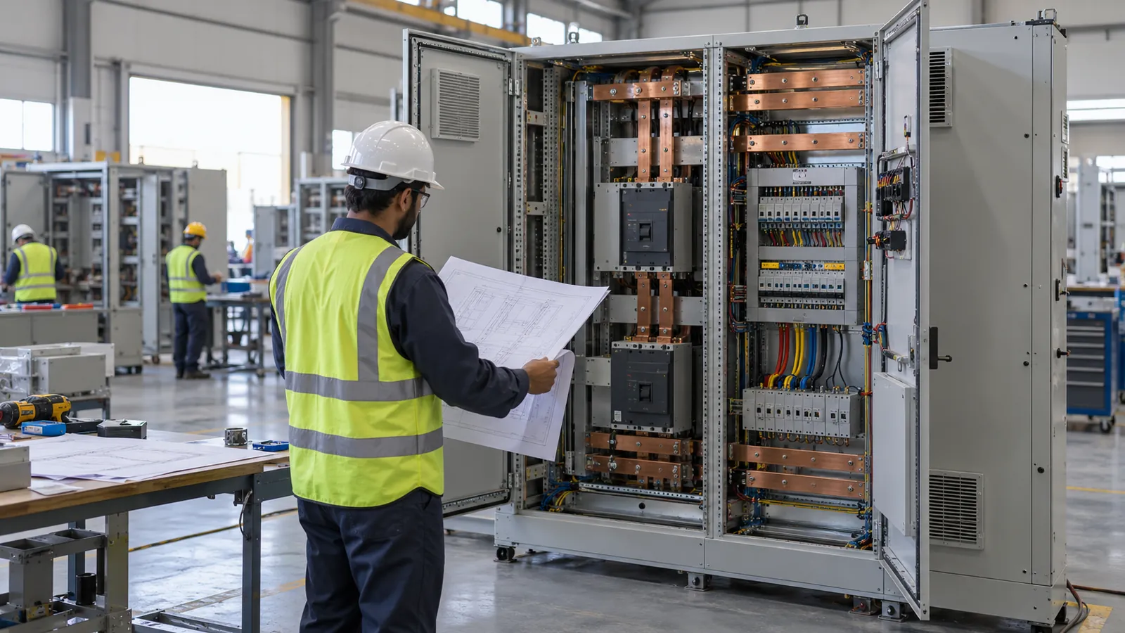 Engineer checking a control panel build against drawings in a Dammam workshop while choosing a control panel manufacturer