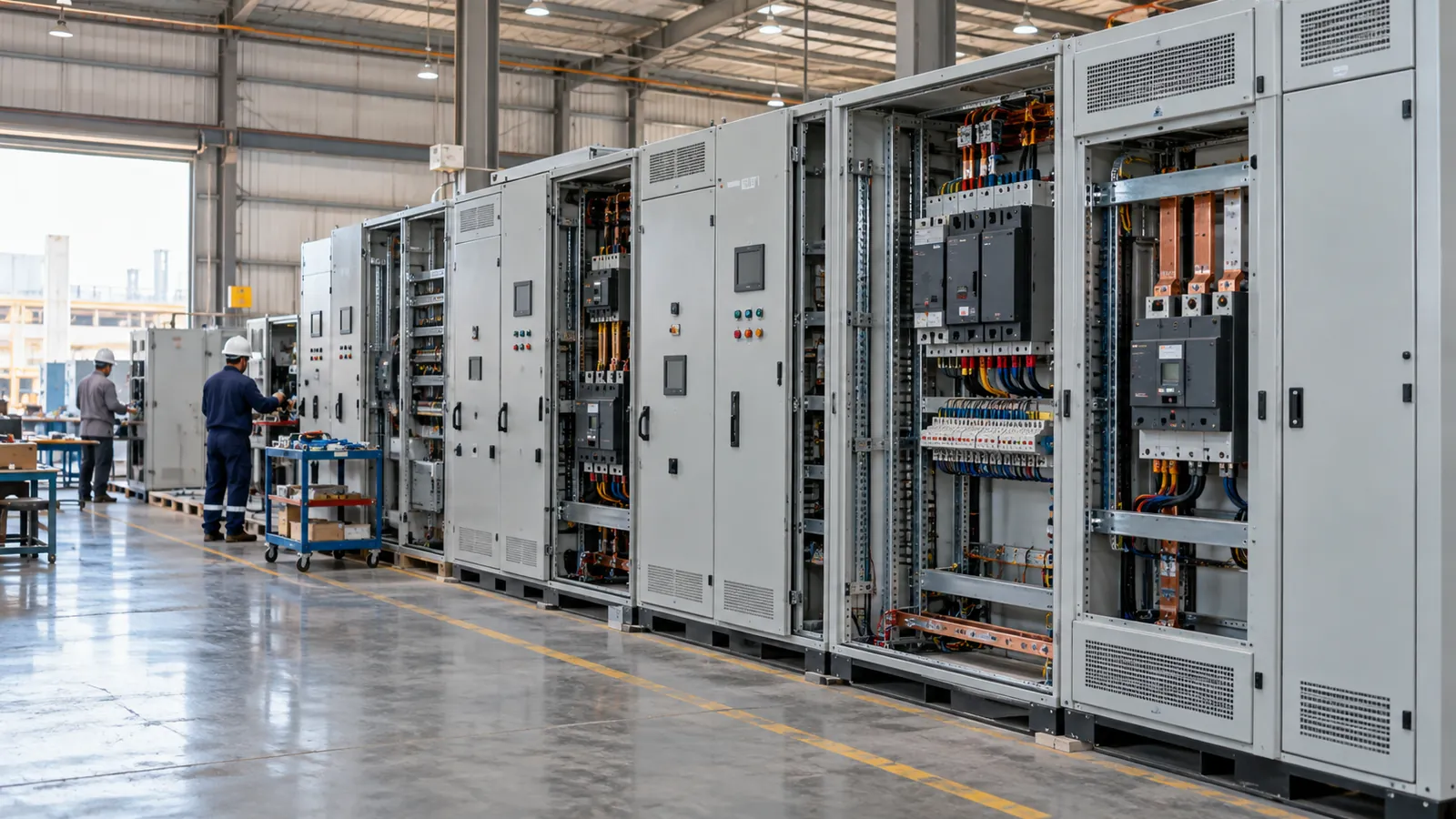 Row of finished panels from a control panel builder in Saudi Arabia using several partner brands
