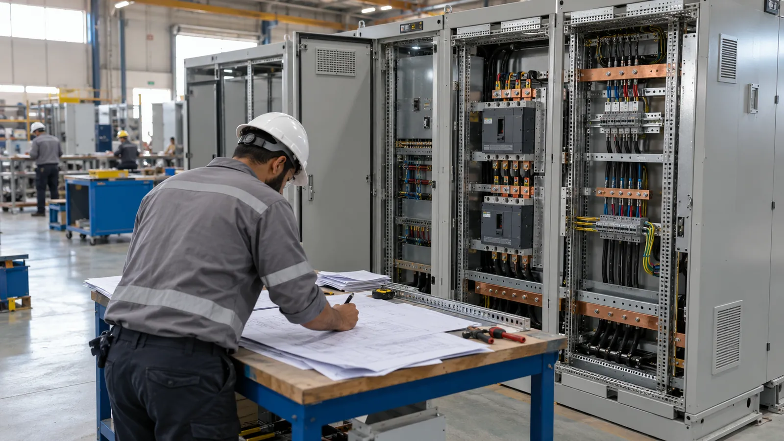 Engineer reviewing a panel specification and bill of materials to estimate control panel cost in Saudi Arabia