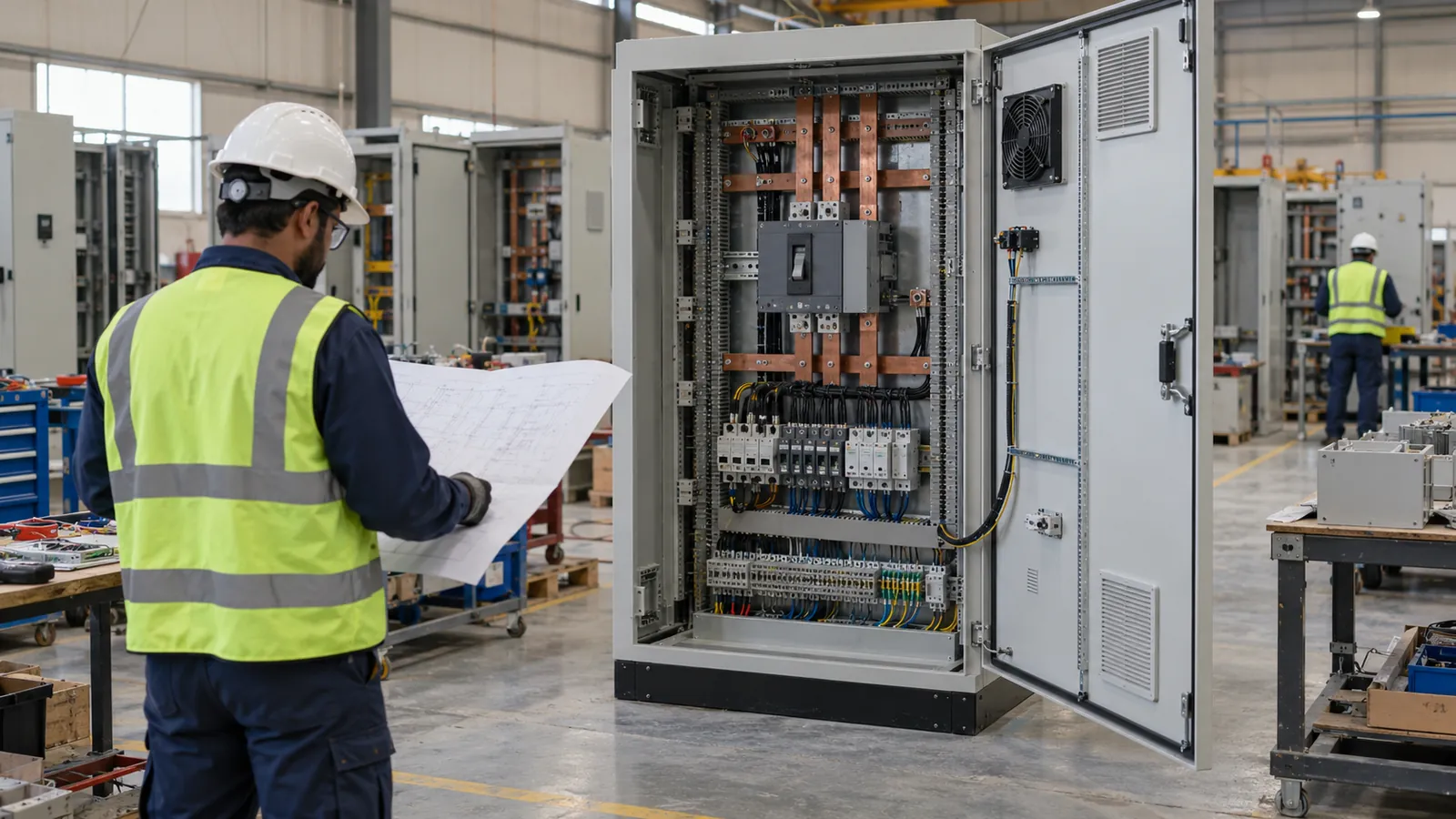 Engineer reviewing control panel design drawings and layout in Saudi Arabia