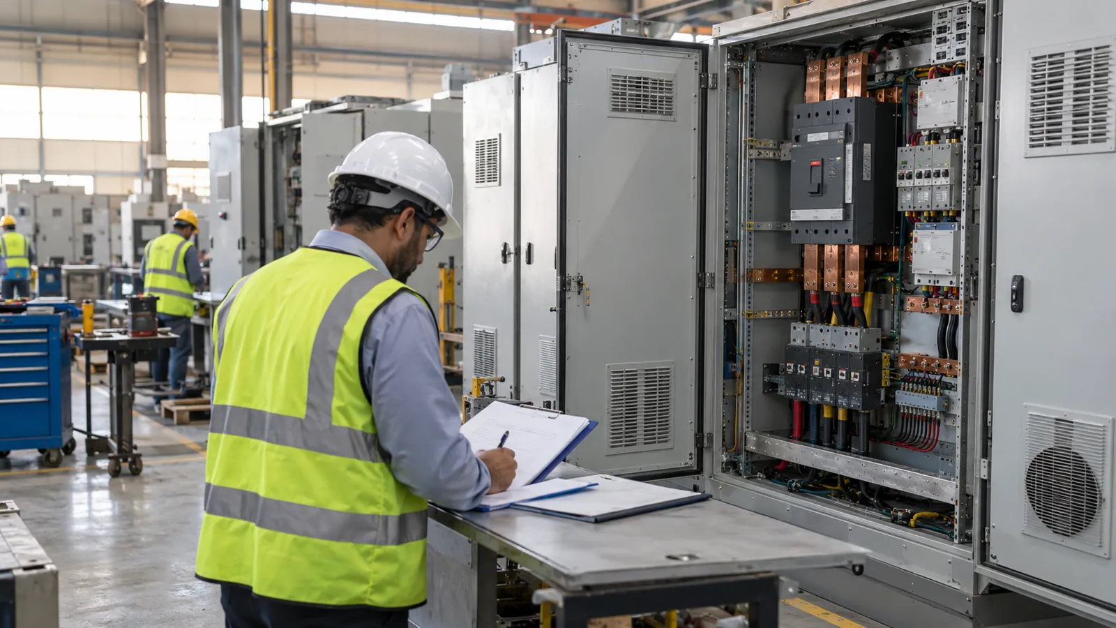 Witness engineer signing a control panel FAT checklist beside an MCC in a Dammam workshop