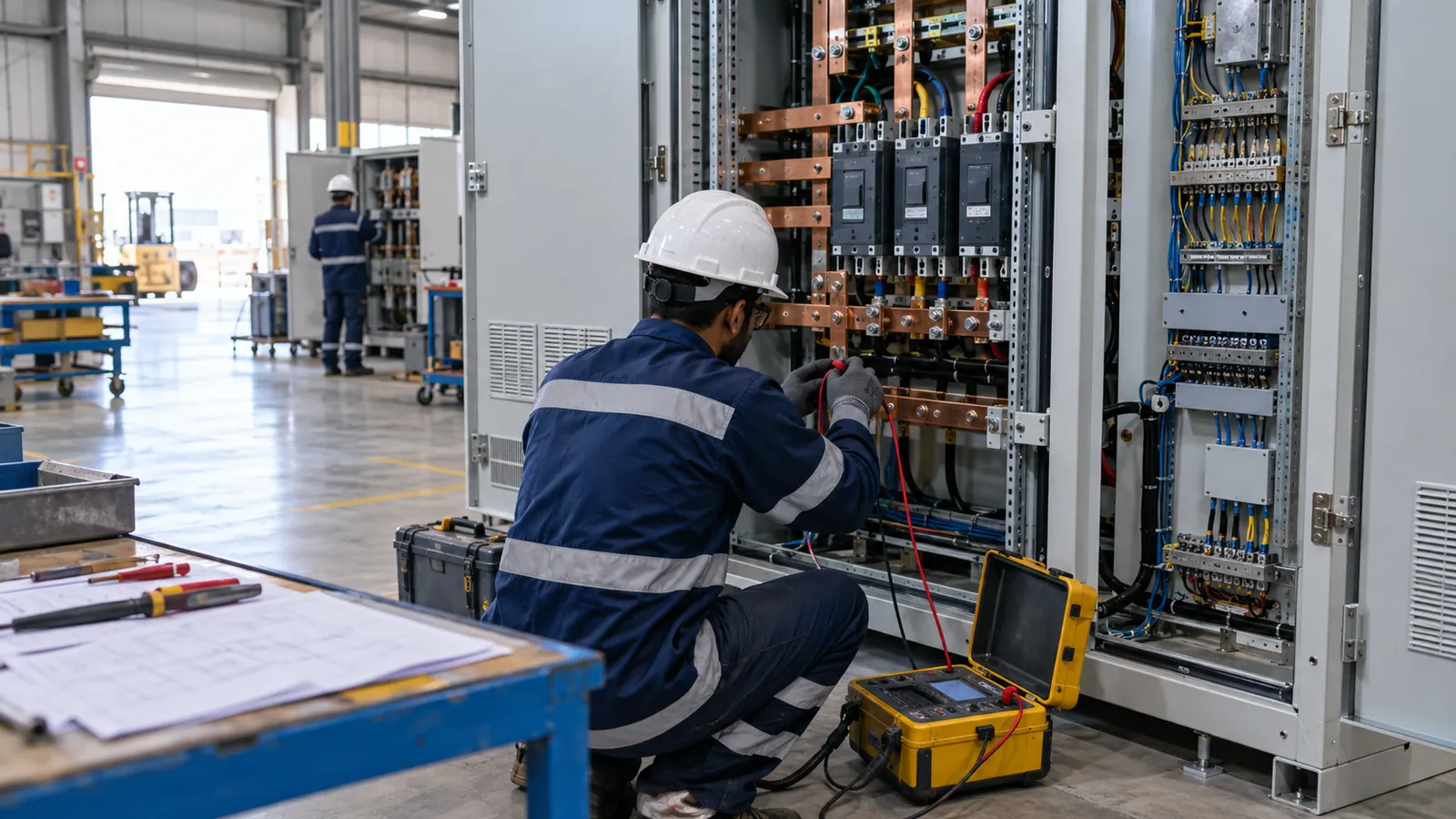 Engineer carrying out control panel FAT insulation testing on a switchboard in Saudi Arabia