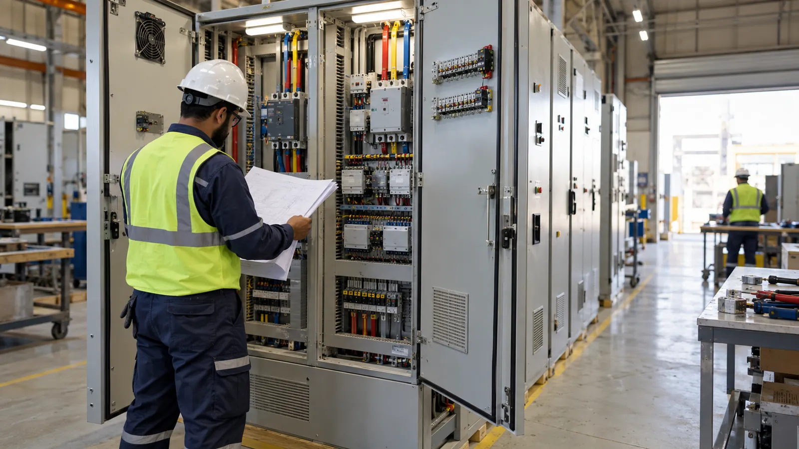 Engineer from Saudi Control Panels Company checking a wiring schedule beside an MCC panel in Dammam