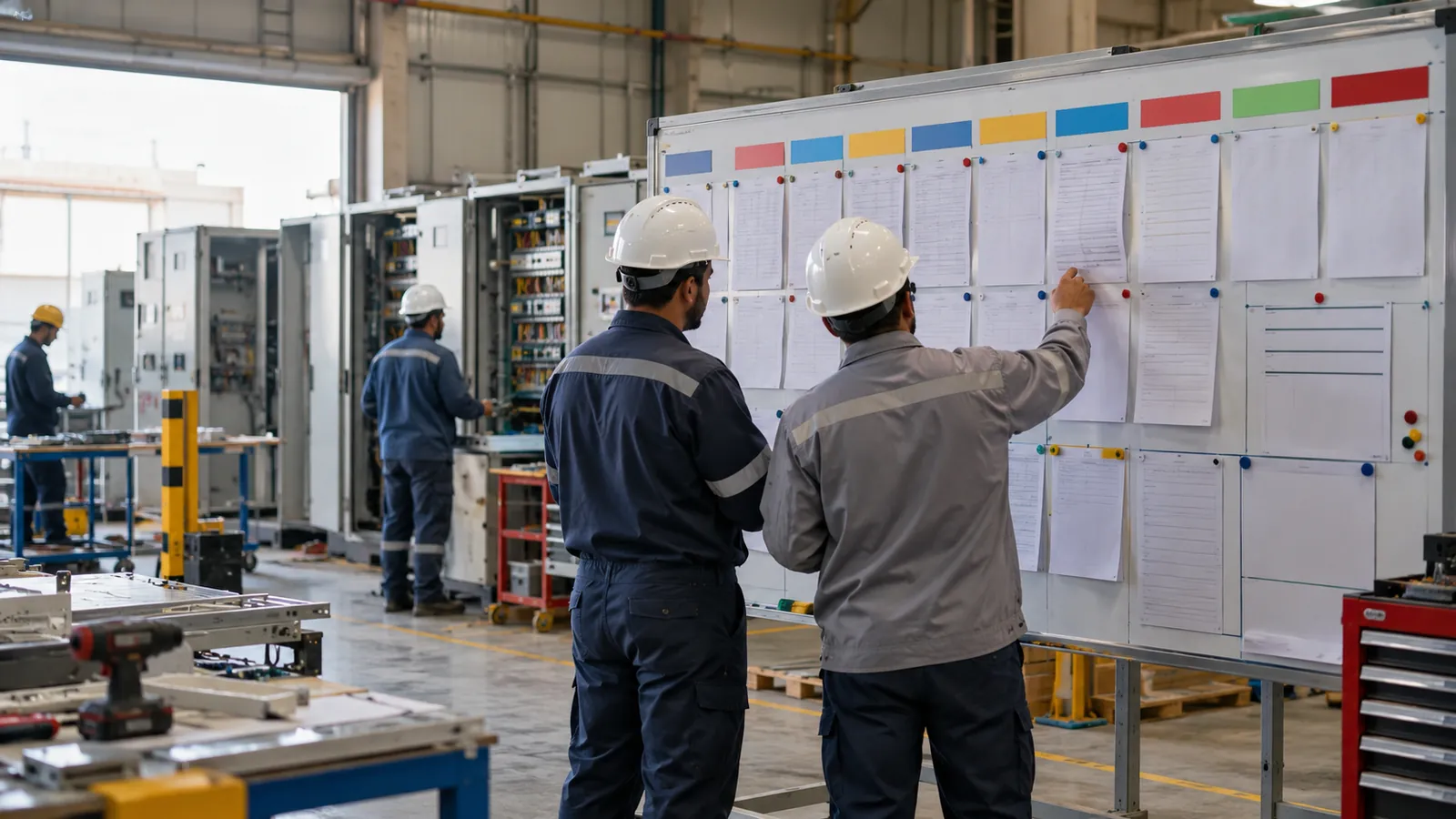 Production planning board showing control panel lead time by project in a Dammam workshop