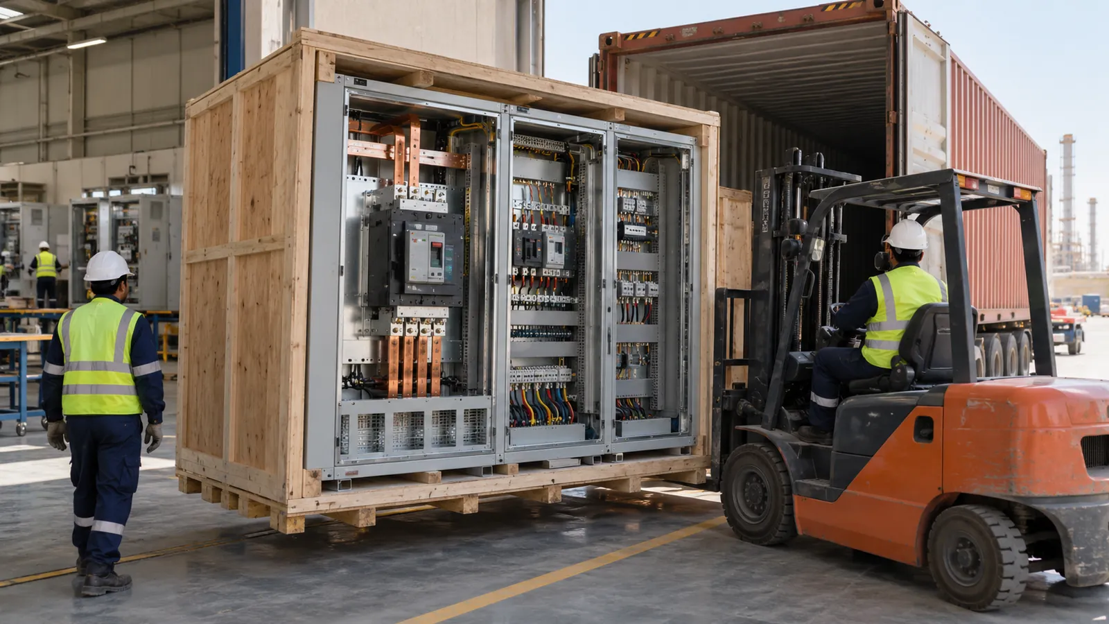 Control panel manufacturer in Jeddah: switchboard crated for delivery from the Dammam workshop