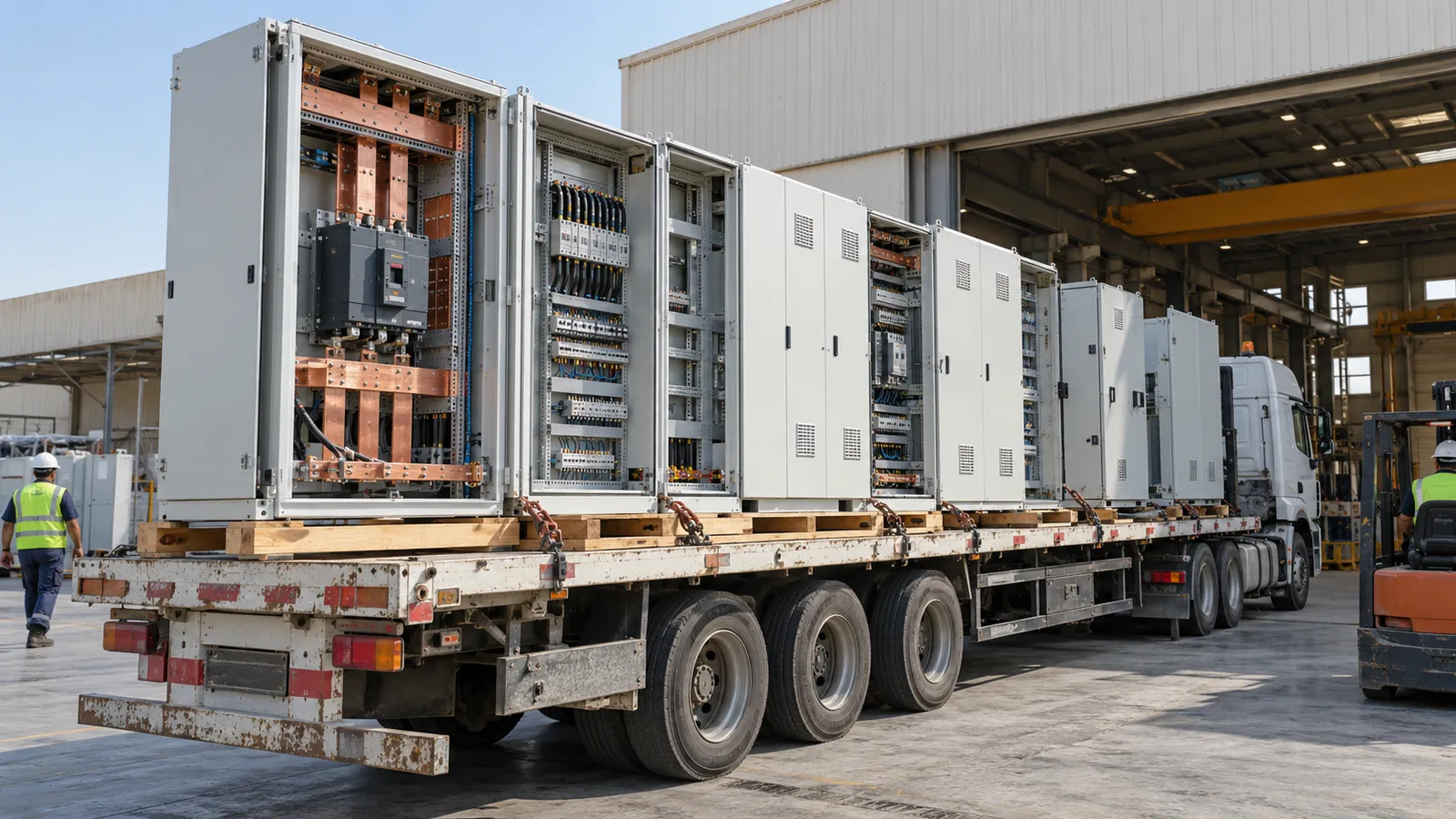 Control panel manufacturer in Riyadh: switchboard sections loaded for delivery from Dammam