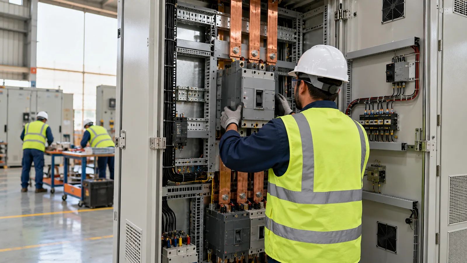 Engineer fitting a new breaker during control panel modification at a plant in Saudi Arabia