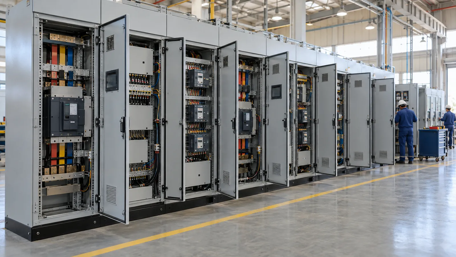 Completed MCC line-up on the test floor, one of the control panel projects in Saudi Arabia