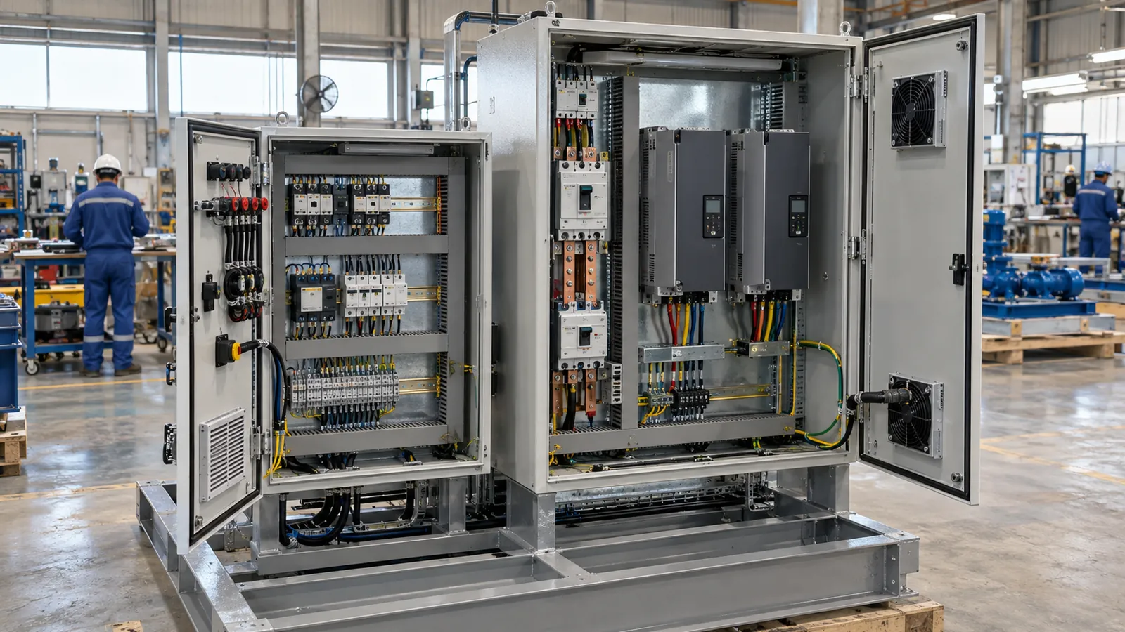 Skid-mounted pump package with local control panel from a panel builder in Saudi Arabia