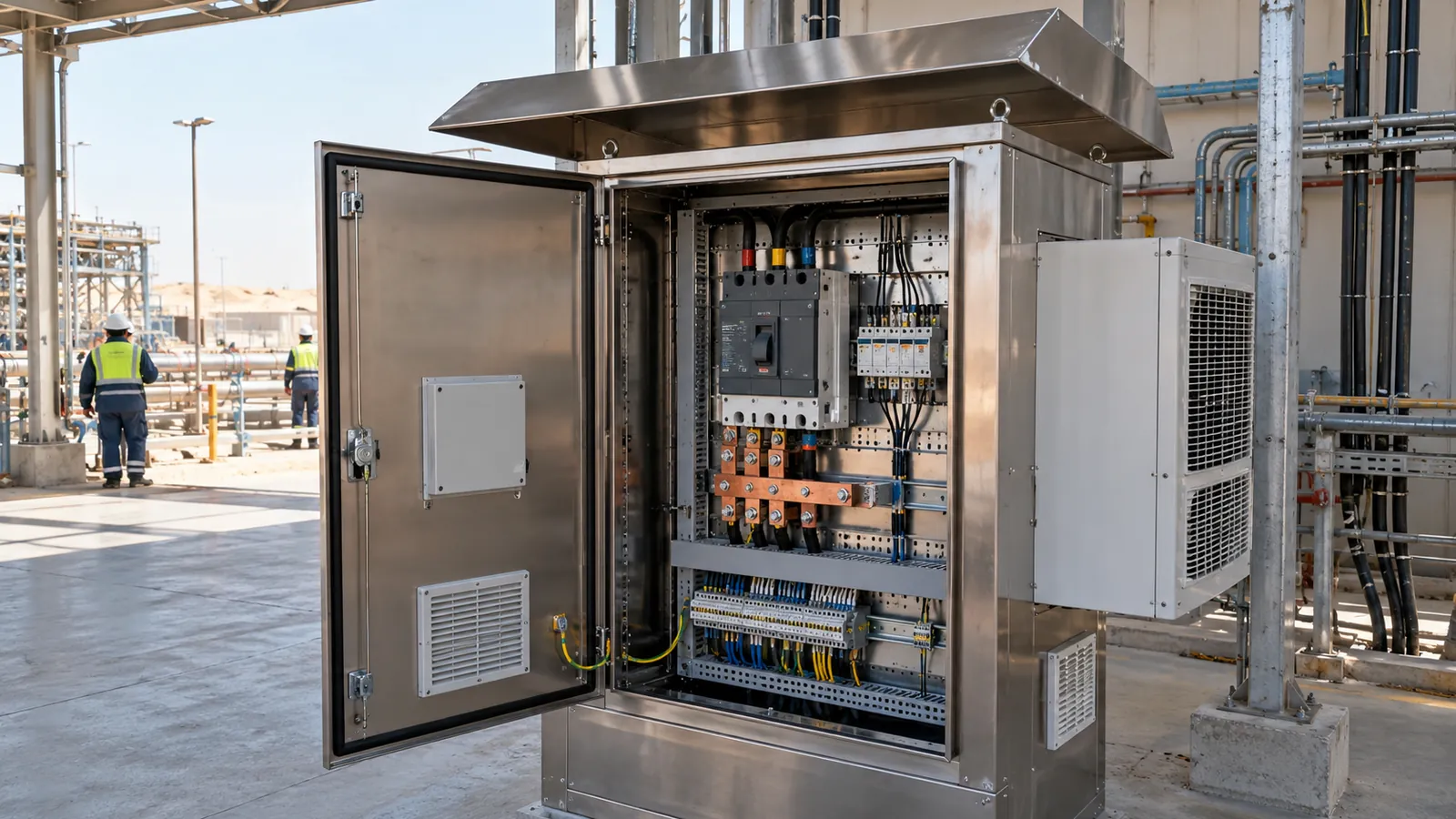 Outdoor IP65 stainless steel control panel with cooling unit for Eastern Province heat and humidity