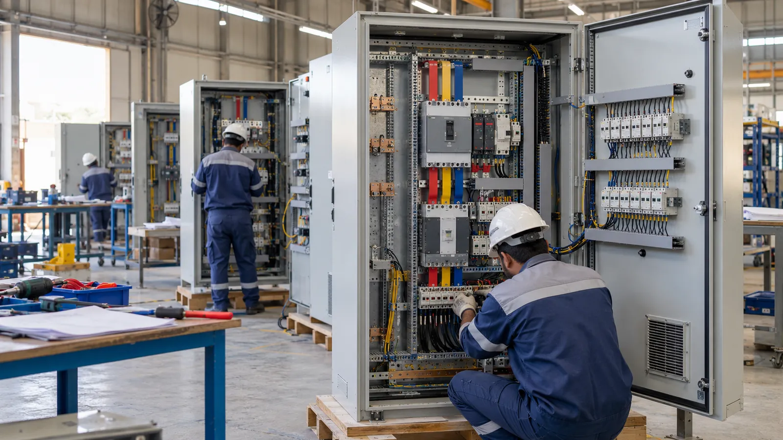 OEM control panels assembled to customer drawings in a Dammam workshop for local panel assembly in Saudi Arabia