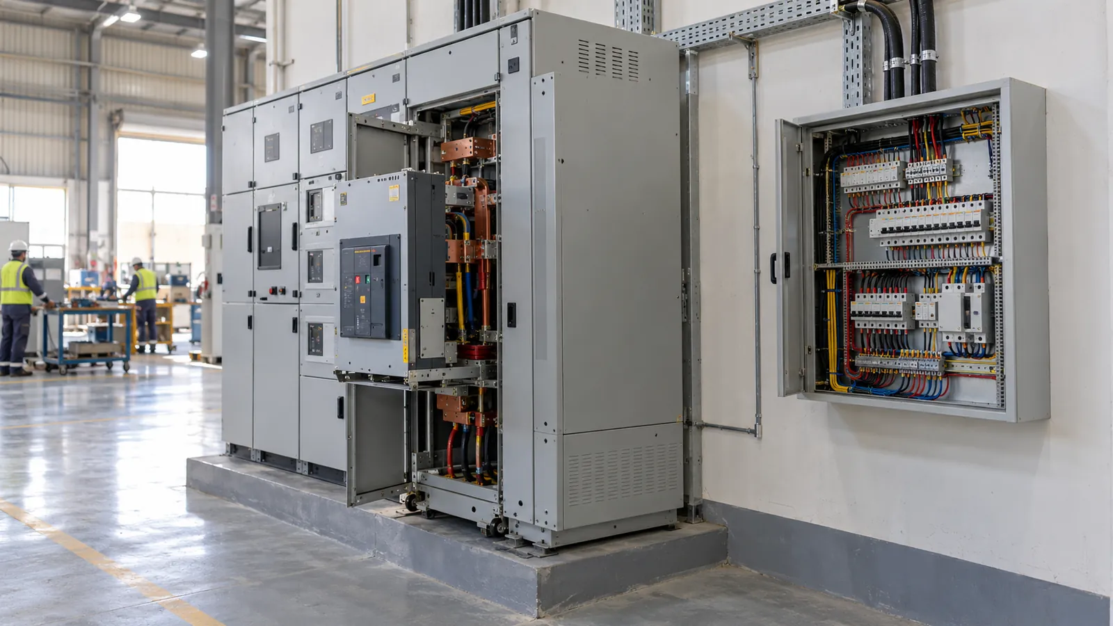 Motor control centre next to a distribution board in a Dammam workshop showing the MCC vs distribution board difference