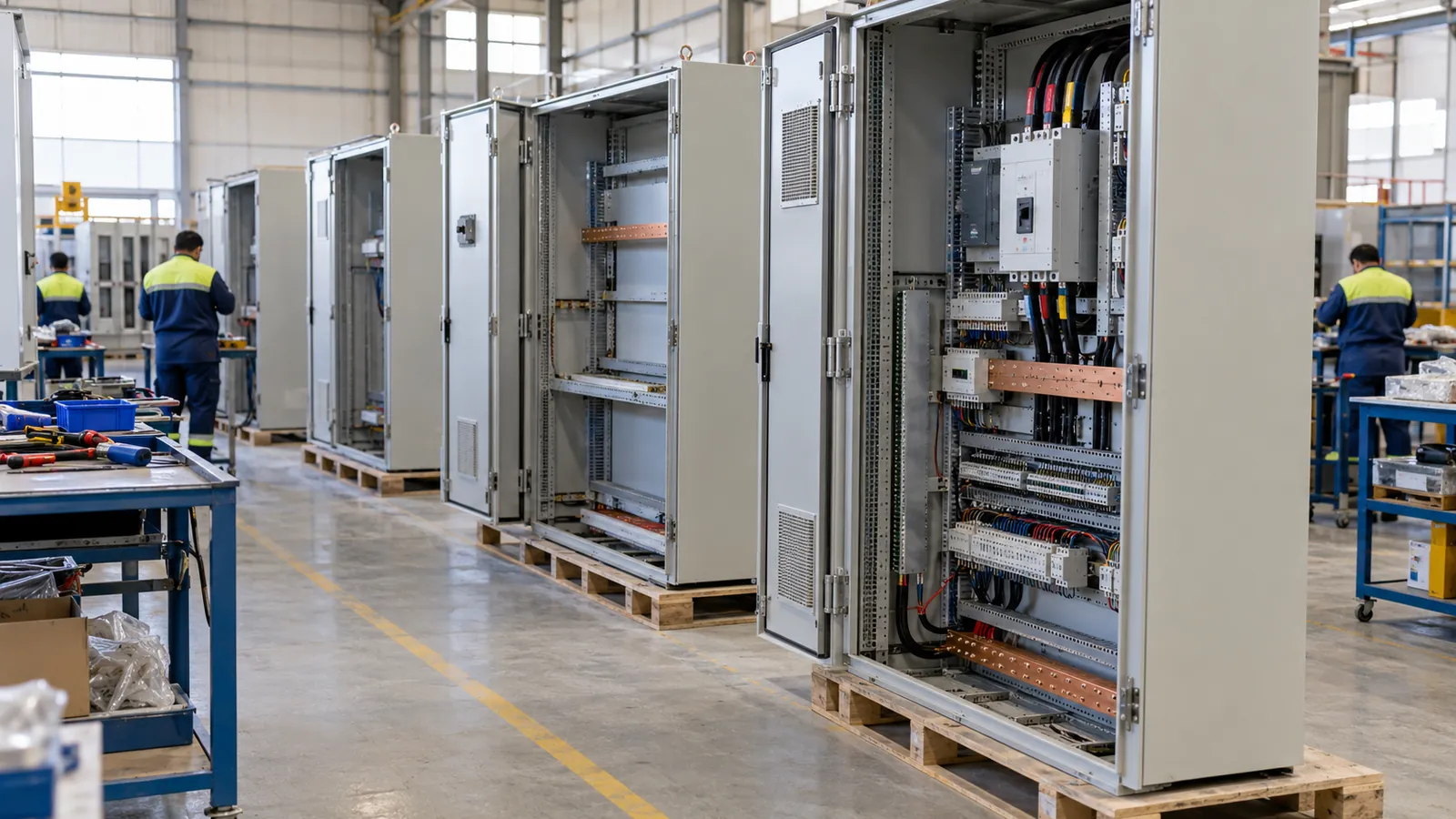 Batch of identical control panels on the line for OEM panel assembly in Saudi Arabia