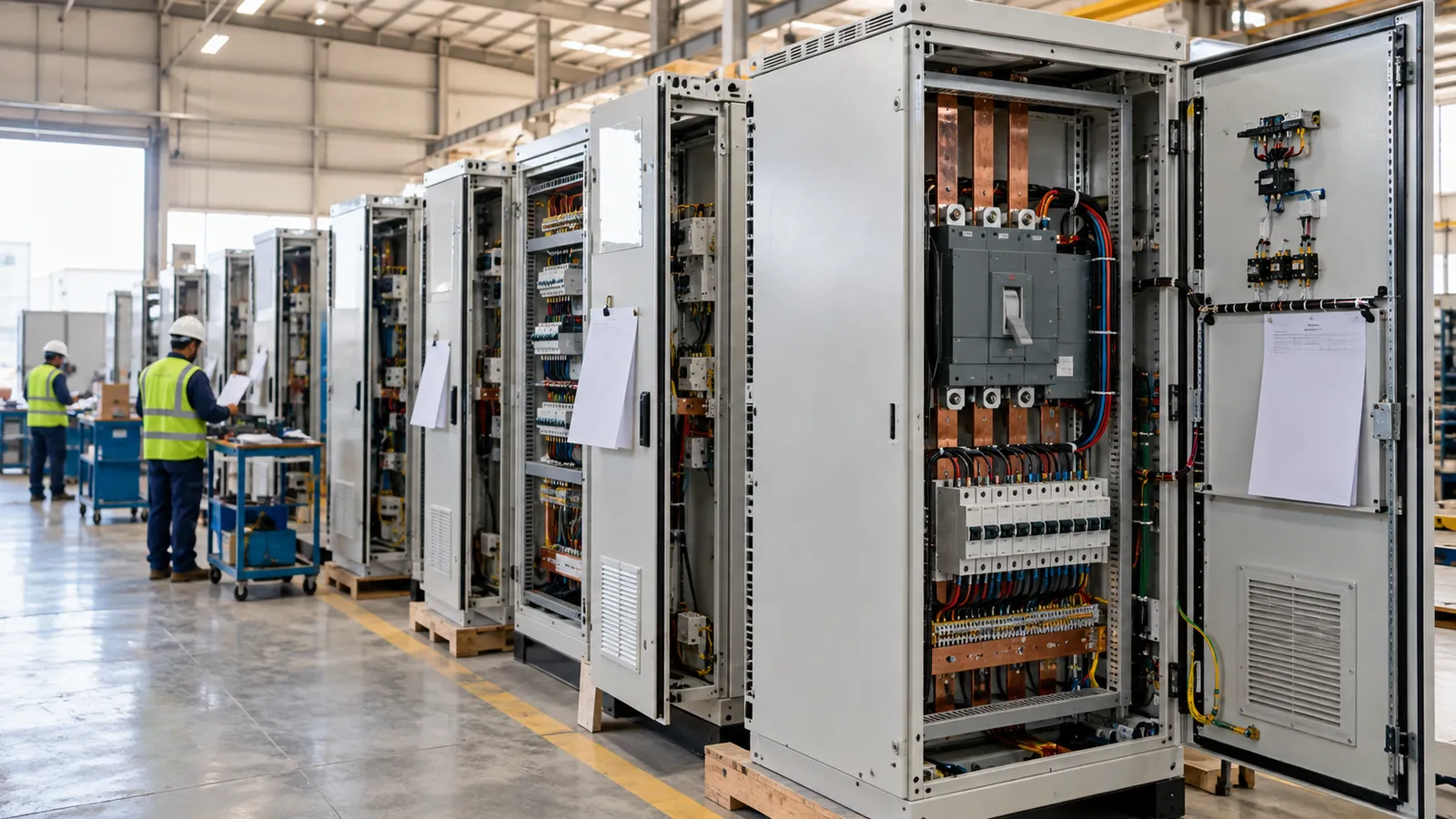 Switchboards ready for inspection at a panel supplier for EPC contractors in Saudi Arabia