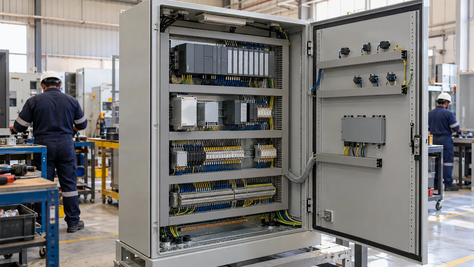 PLC control panel with I/O modules and power supplies built by a PLC panel builder in Saudi Arabia