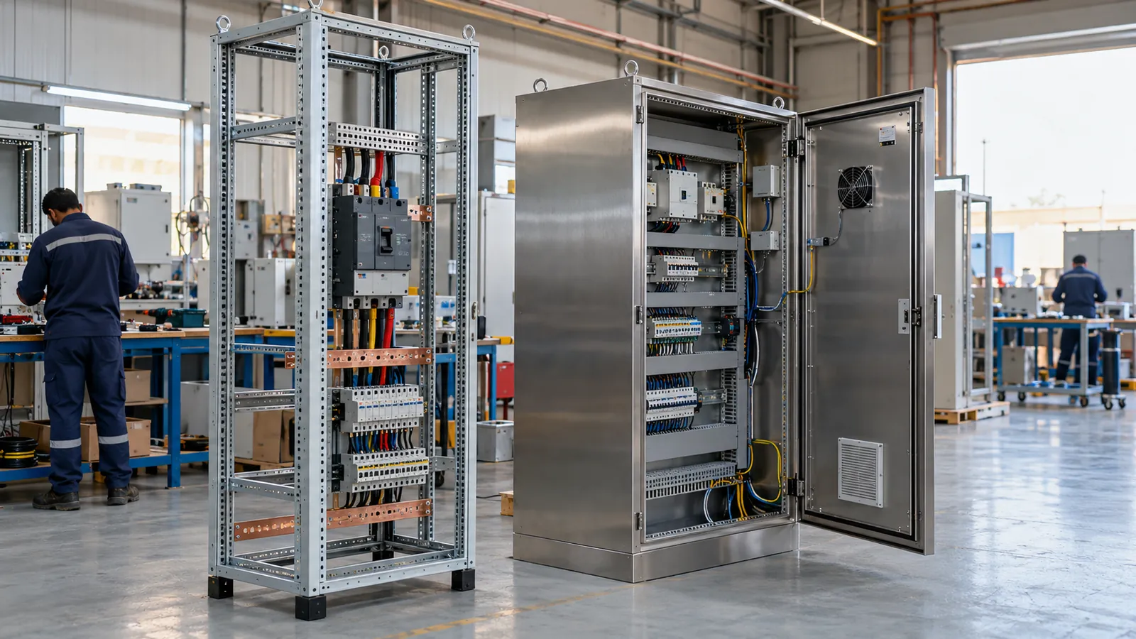 Rittal VX25 enclosure beside a locally fabricated stainless steel enclosure in a Dammam workshop