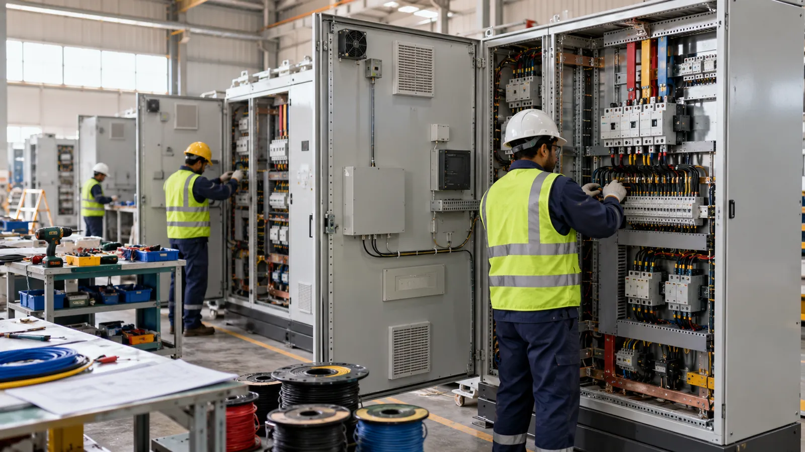 Wiring team at Saudi Control Panels Company working on an MCC panel in the Dammam workshop